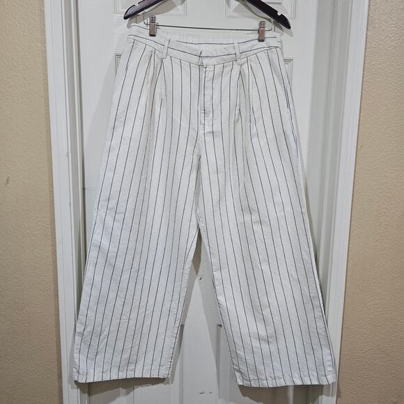 Gap Linen Cotton Wide Leg Pants White with Blue Pinstripe Size 12 - Picture 7 of 7